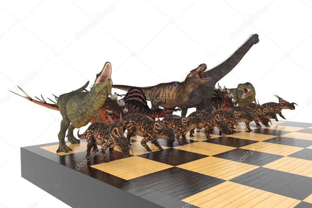 battle of different dinosaurs on a chessboard 3d illustration