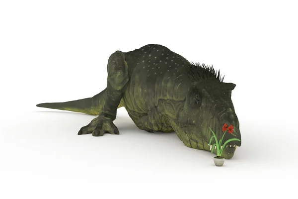 Grande Tirannosauro Verde Rex Appoggiato Accanto Fiore Illustrazione — Foto Stock