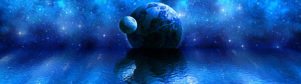 Blue planet with a satellite reflected in the water illustration