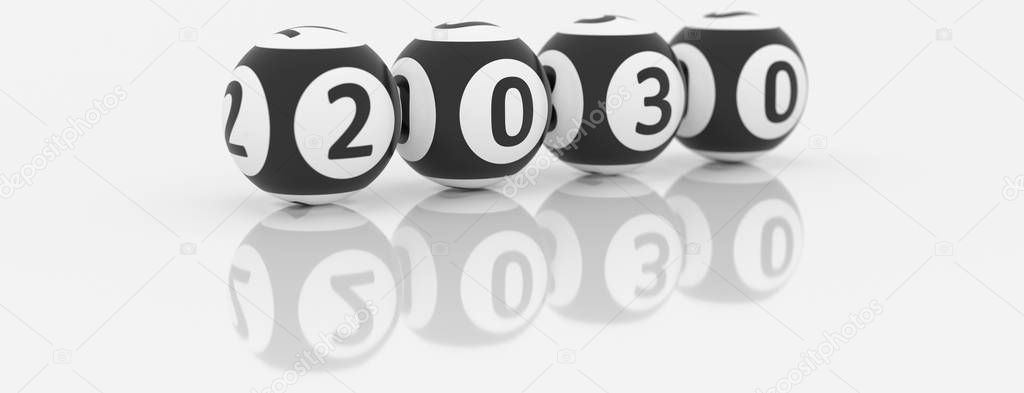 year 2030 make up the bingo balls 3D illustration