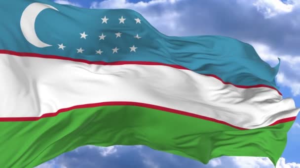 Vlag Zwaaien Wind Tegen Blauwe Hemel Oezbekistan — Stockvideo