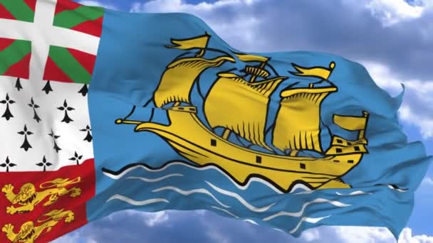 Flagga Vajande Vinden Mot Blå Himlen Saint Pierre Och Miquelon — Stockvideo