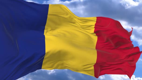 Flagget Flagrer Vinden Mot Den Blå Himmelen Romania – stockvideo