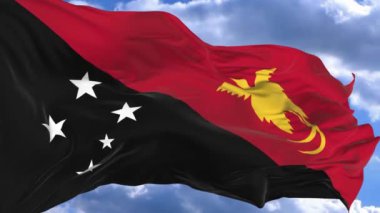 Papua Yeni Gine bayrak mavi karşı rüzgarda sallayarak gökyüzü
