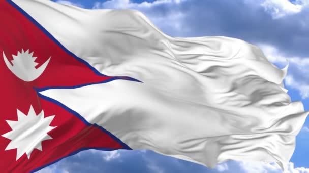 Vlag Zwaaien Wind Tegen Blauwe Hemel Nepal — Stockvideo
