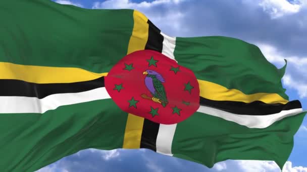 Флаг Размахивающий Ветром Против Голубого Неба Доминика — стоковое видео