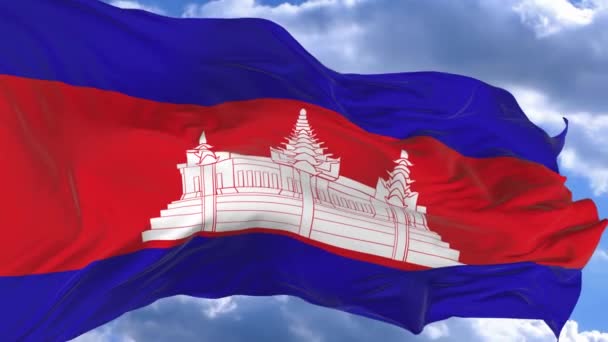 Флаг Размахивающий Ветром Против Голубого Неба Камбоджи — стоковое видео