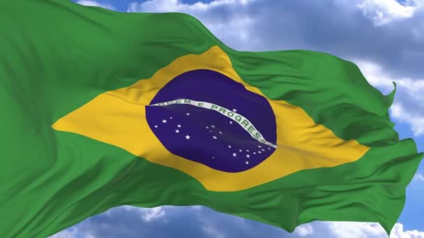 Vlag Zwaaien Wind Tegen Blauwe Hemel Brazilië — Stockvideo