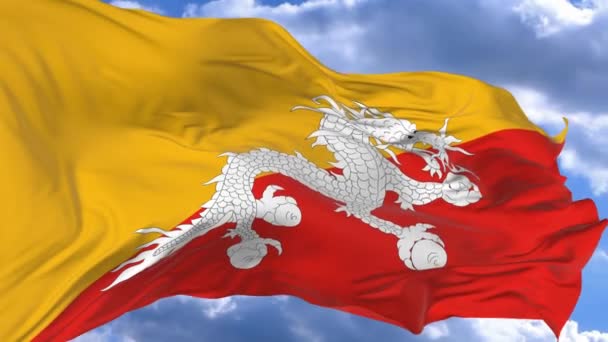 Vlag Zwaaien Wind Tegen Blauwe Hemel Bhutan — Stockvideo