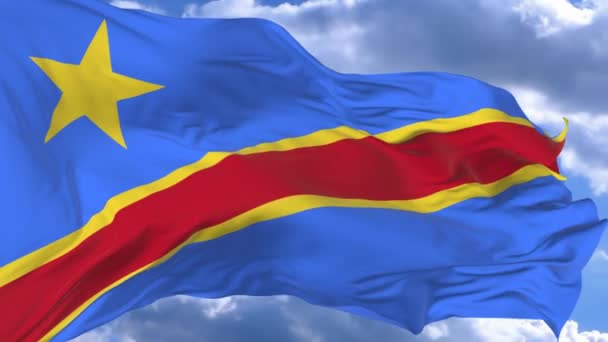 Vlag Zwaaien Wind Tegen Blauwe Hemel Democratische Republiek Congo — Stockvideo