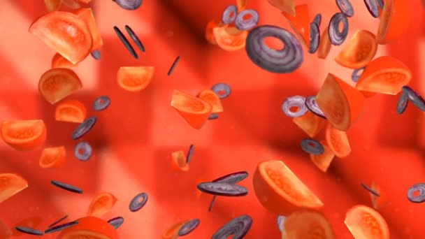 Ντομάτες Και Κρεμμύδια Whirling Επάνω Μια Ανεμοστρόβιλος — Αρχείο Βίντεο