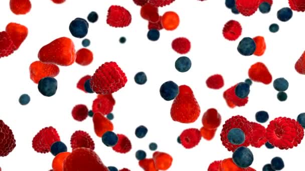 Erdbeeren Blaubeeren Und Himbeeren Wirbeln Einem Wirbelwind Mit Alpha Kanal — Stockvideo
