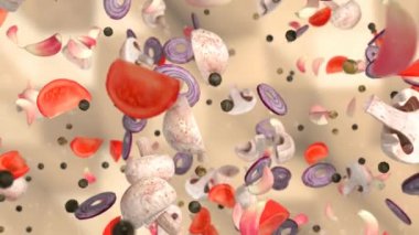 mantar ve domates, sarımsak ve biber soğan yukarı doğru bir kasırga döne döne