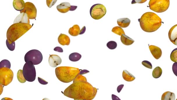 poires et prunes tourbillonnant vers le haut dans un tourbillon avec transparence du canal alpha 