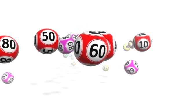 Colored Bingo Balls Fly Camera Filling Screen Center Gets Five — Stock Video