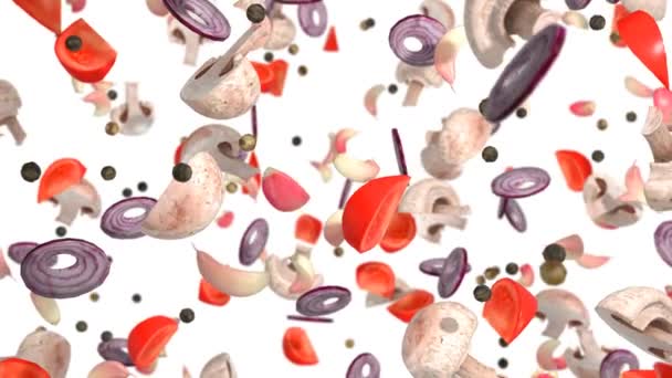 Cogumelos Tomates Cebolas Alho Pimentos Rodopiar Num Turbilhão Com Transparência — Vídeo de Stock