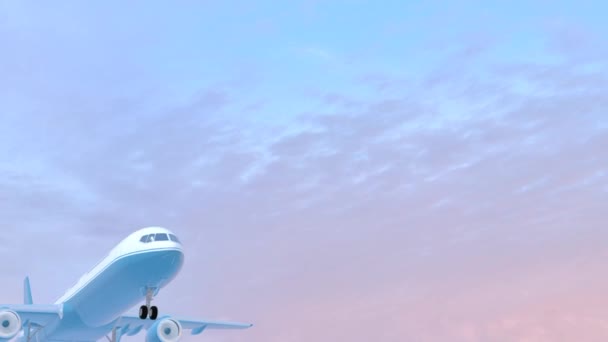 Голубой Реактивный Самолет Небе Розовыми Облаками Анимации — стоковое видео