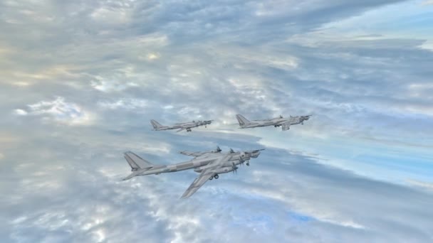 Ομάδα Στρατιωτικά Αεροσκάφη Βομβαρδιστικά Στον Θολό Ουρανό Rendering — Αρχείο Βίντεο
