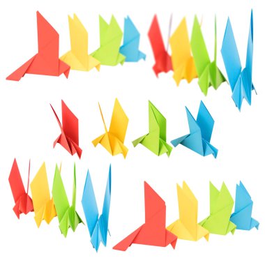 Origami bir güvercin dört renk şeklinde farklı açılarda ayarlayın