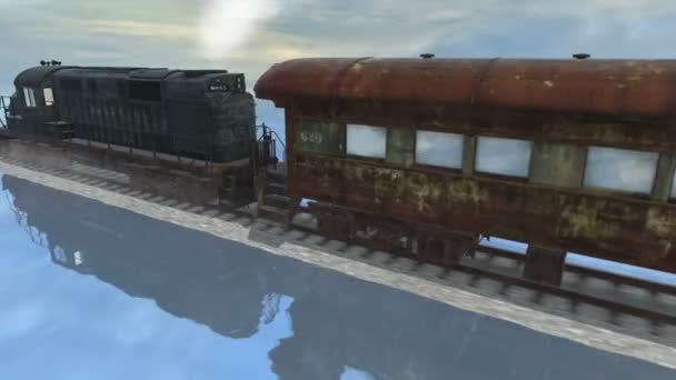 Rusty Old Train Riding Road Calm Lake Reflecting Sky — Stock Video