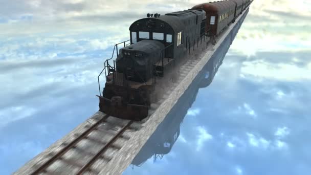 Ржавый Старый Поезд Едет Дороге Через Спокойное Озеро Отражающее Небо — стоковое видео