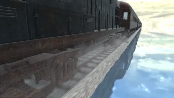 Rusty Old Train Riding Road Calm Lake Reflecting Sky — Stock Video