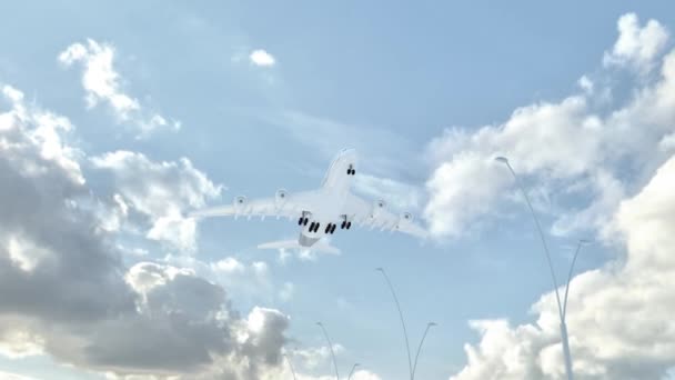 アブハジア自治共和国 低雲天気の日国とそのフラグの名前の上を飛んで着陸する航空機のアプローチ — ストック動画