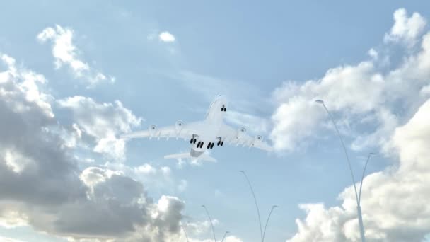 阿贾里亚 飞机在低云天气下降落的方法 飞越了国家的名字和国旗 — 图库视频影像