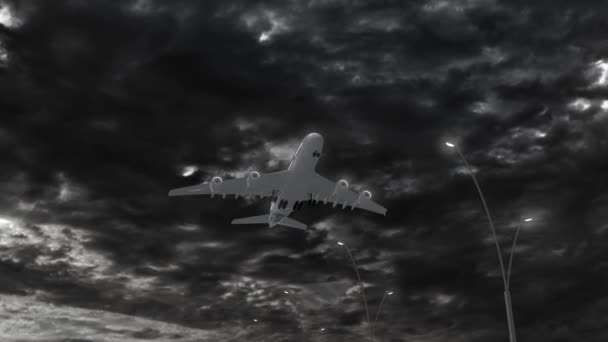 澳大利亚 飞机在多云的天气里夜间接近降落 飞越了该国的名字和国旗 — 图库视频影像