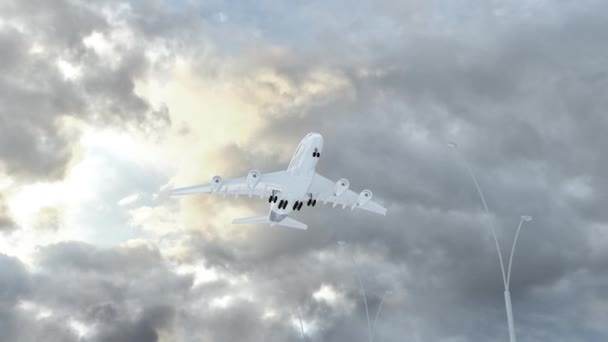 塞浦路斯 飞机在多云天气下降落 飞越该国的名字和国旗 — 图库视频影像
