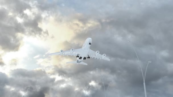 印古什 飞机在恶劣天气下降落的方法 飞越了国家的名字和国旗 — 图库视频影像