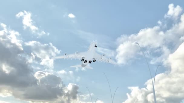 飞机在低云天气下降落时 卡拉凯伊 切尔克西亚在国家和国旗的名字上飞来飞去 — 图库视频影像