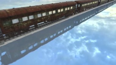 paslı eski tren gökyüzünü yansıtan bir sakin göl yolda sürme görüntülemek 2 / 5
