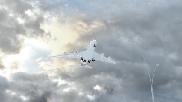オルダニー島 Loudy 天候の土地に航空機のアプローチ国とそのフラグの名前の上を飛んで — ストック動画