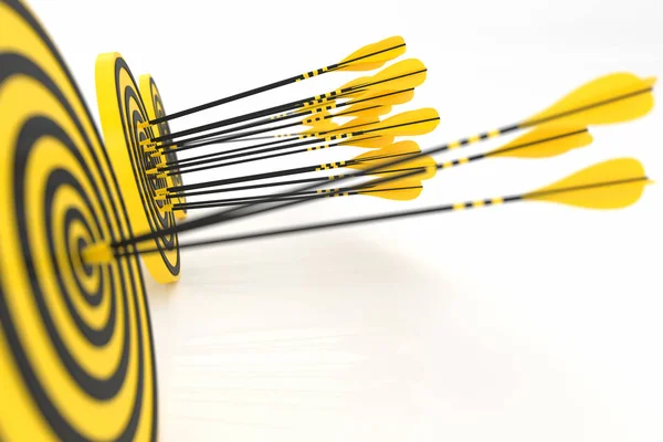 Many yellow arrows hit the central yellow target, 3d illustration