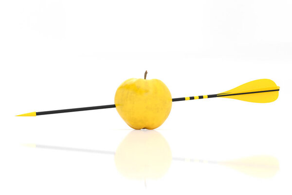 желтая стрела пробивает желтое яблоко, 3d иллюстрация
