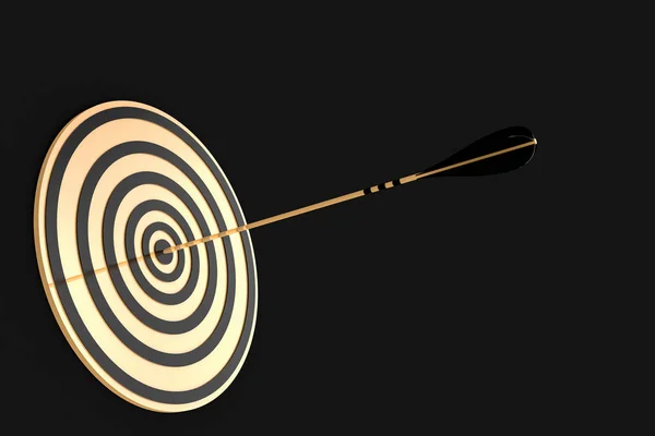 golden arrow hit the gold target on a black background, 3d illustration