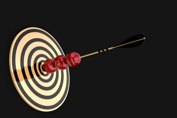 Golden Arrow Pierced Three Red Apples Gold Target Black Background — Stock Photo, Image