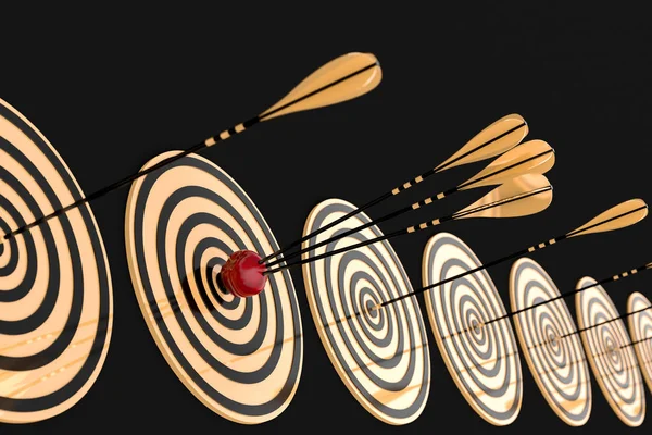 Three Arrows Piercing Apple Golden Target Black Background Illustration — Stock Photo, Image