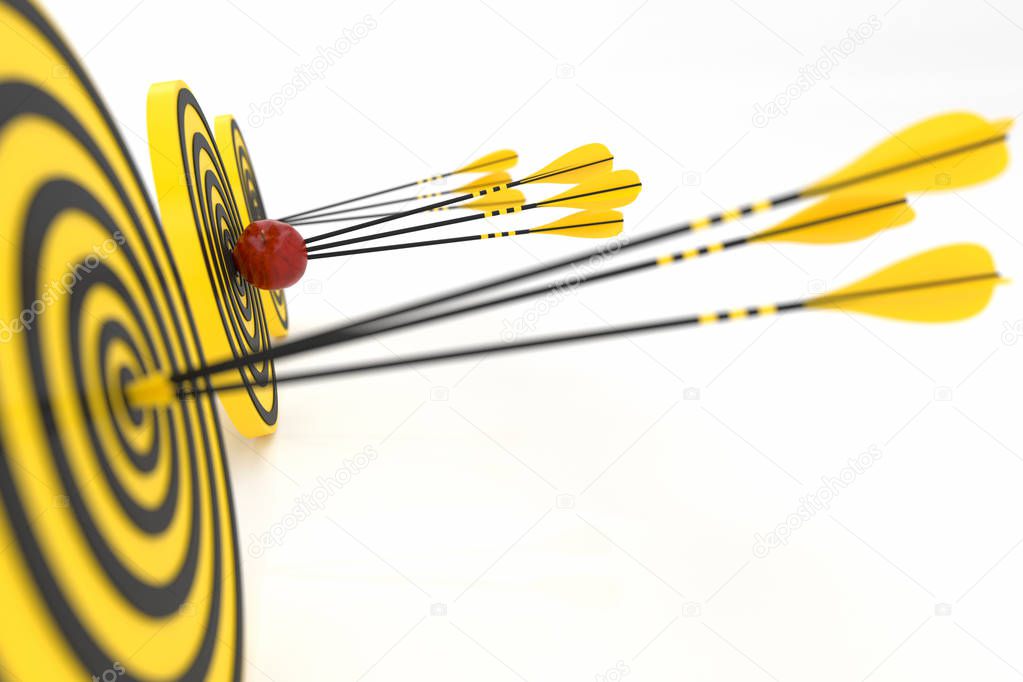 three yellow arrows in the center of three yellow targets and a red apple, 3d illustration