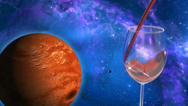 ガラスは満ちている宇宙と惑星火星の背景赤ワイン — ストック動画