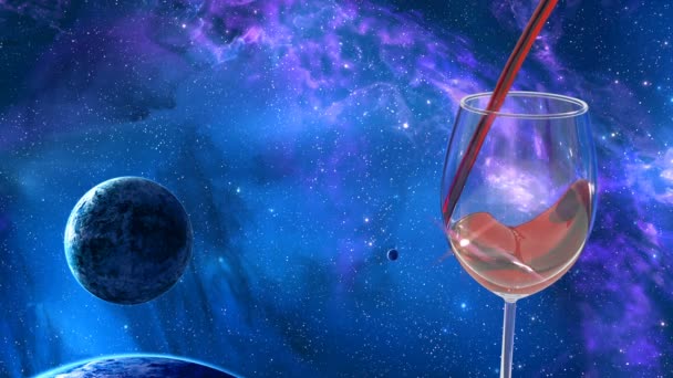 Glas Gevuld Met Rode Wijn Tegen Achtergrond Van Ruimte Planeten — Stockvideo