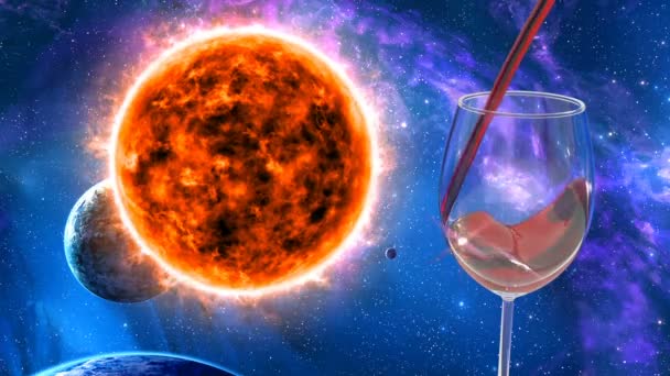 Verre Est Rempli Vin Rouge Sur Fond Espace Soleil — Video