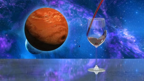 Glas Wird Vor Dem Hintergrund Des Weltraums Und Des Planeten — Stockvideo