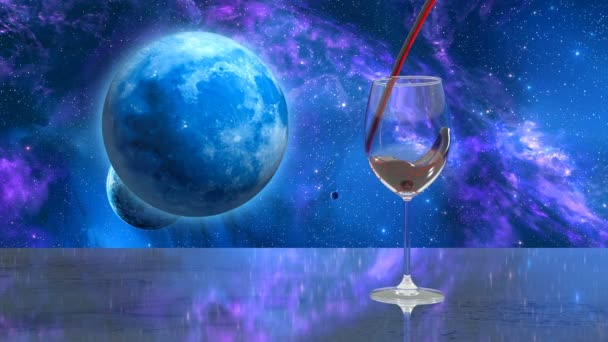 Verre Est Rempli Vin Rouge Sur Fond Espace Lune — Video