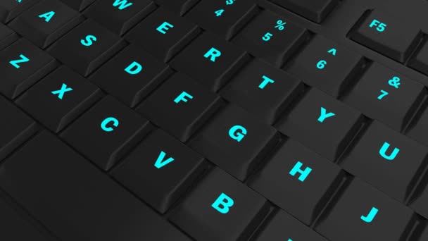 将相机指向黑色计算机键盘上的蓝色发光拒绝键 — 图库视频影像