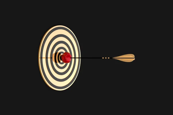 golden arrow hit the apple on a gold target on a black background, 3d illustration