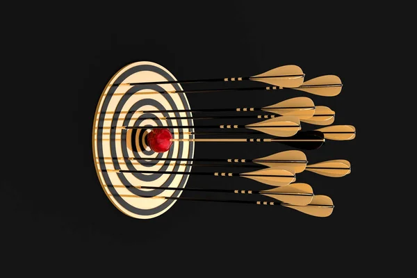 many gold arrows hit the gold target and one of them pierces a red apple on a black background, 3d illustration
