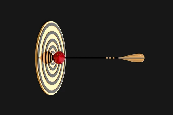 golden arrow hit the apple on a gold target on a black background, 3d illustration