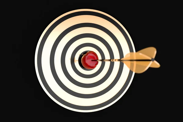 golden arrow hit the apple on a gold target on a black background, 3d illustration
